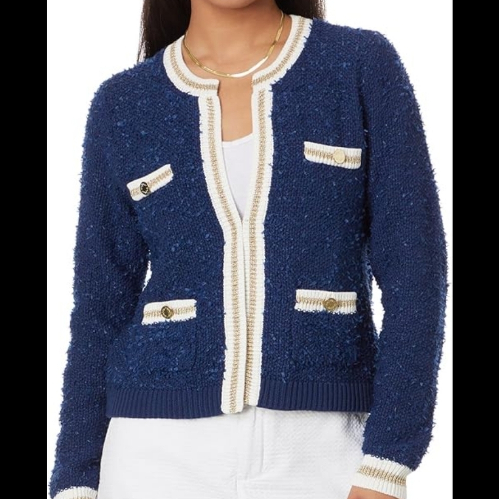 Lilly Pulitzer Nalayna Cardigan Navy Blue Gold Cream Boucle Women's M Medium